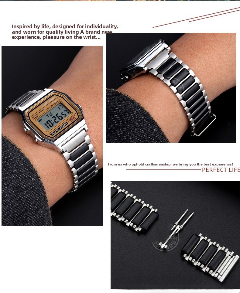 For Casio A159W-N1 A158 A168 Etro Square-link Stainless Steel Rubber Watch Strap