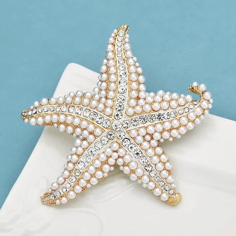 Starfish Brooch Pin Pearl Crystal Gold Nautical Ocean Jewelry Gift for Women