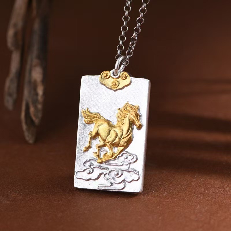 Pure S999 Fine Silver Men Women Gift Lucky Horse Oblong Pendant 16-17g 38*20mm