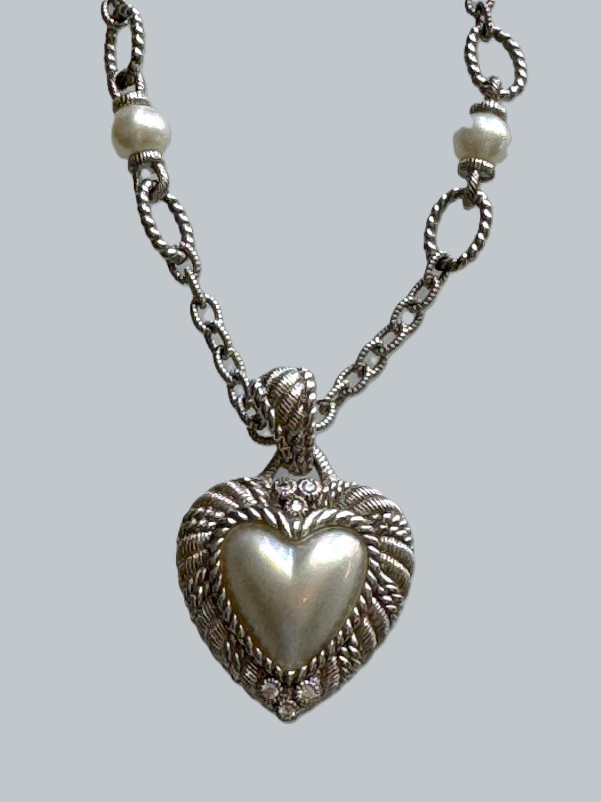 Judith Ripka 925 Sterling Silver MOP Heart Pendant & Station Chain Necklace