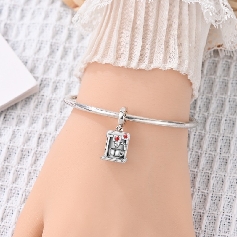 KUNSIR Sterling Silver Coffee Machine Pendant Charm for Bracelet DIY Charms Gift