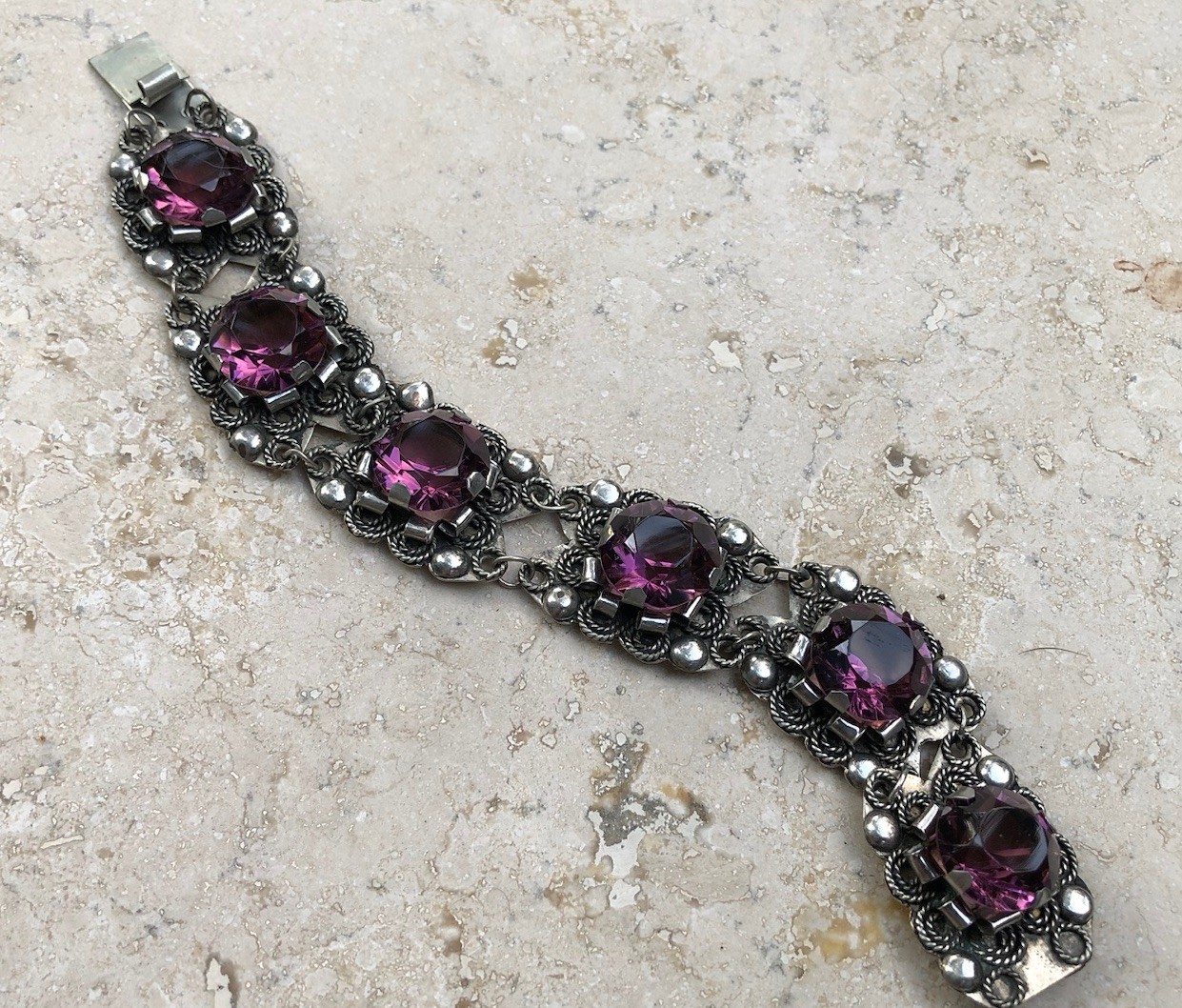 🌟🍇Vintage MEXICO STERLING SILVER Purple Color Stones STATEMENT PANEL Bracelet
