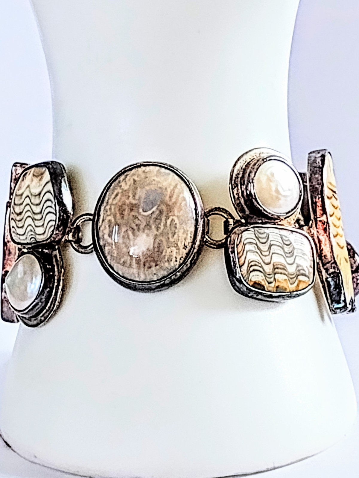 Rare Sterling Silver Fossil Coral & Abalone Toggle Bracelet Adjustable 7-9″ 58g