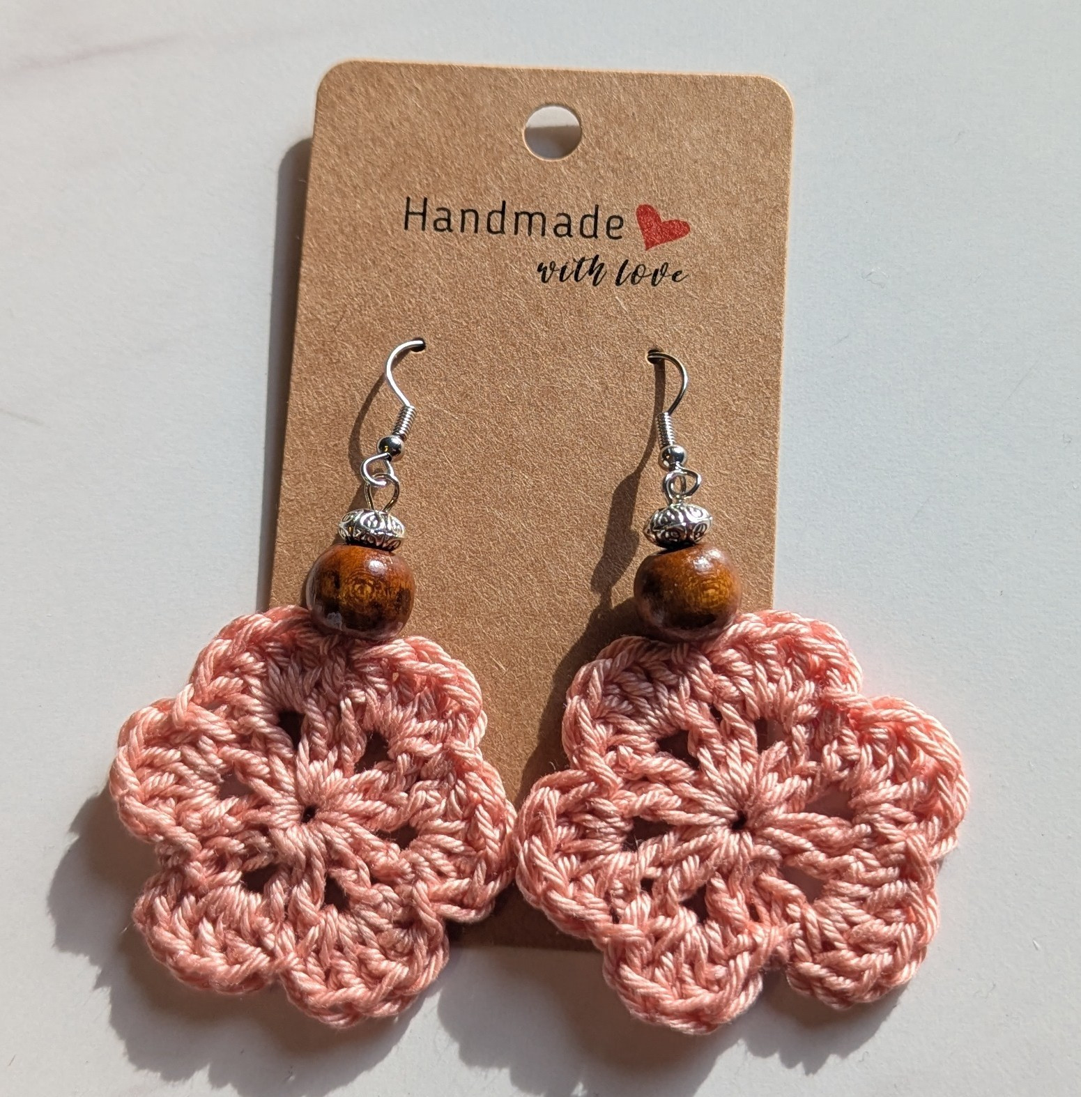 Handcrafted Pink Crochet Flower Dangle Earrings Lightweight & Beautiful 1&1/2 In