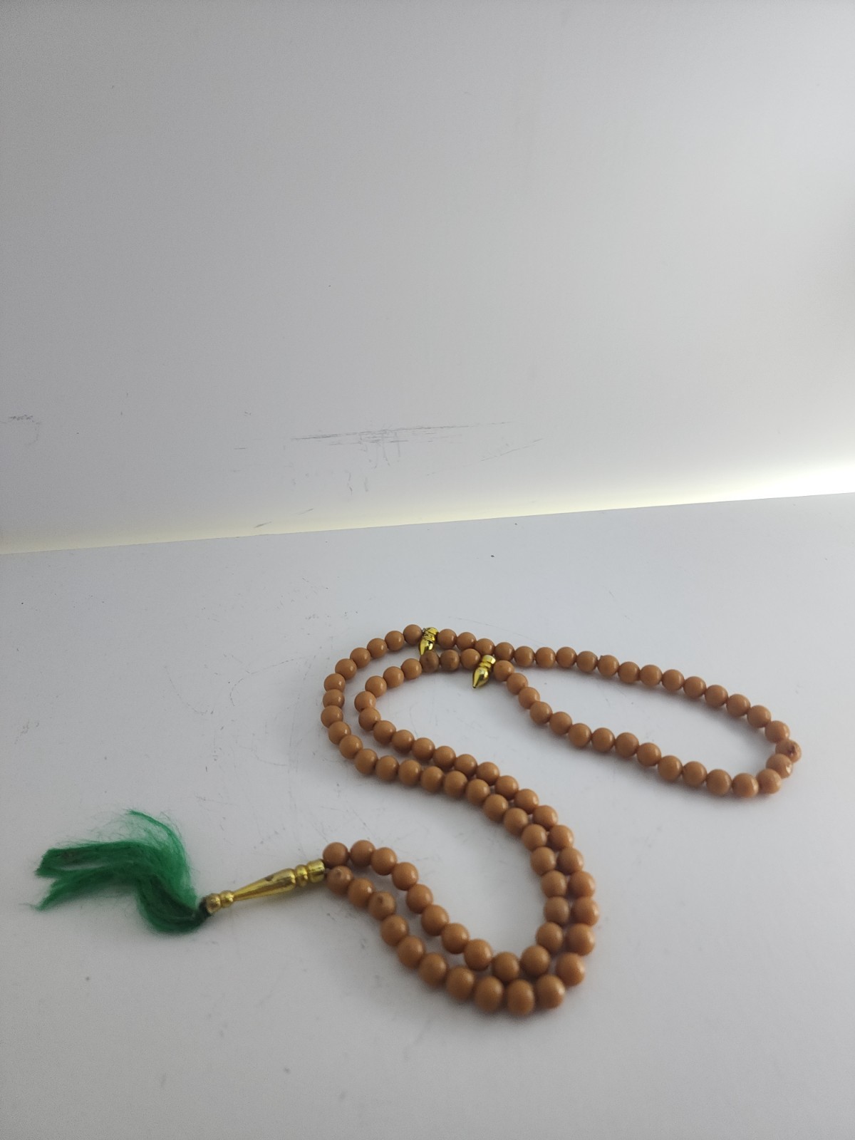 Brown Beige Beads Necklace Meditation Souvenir Green Tassel Gold Tone Charm