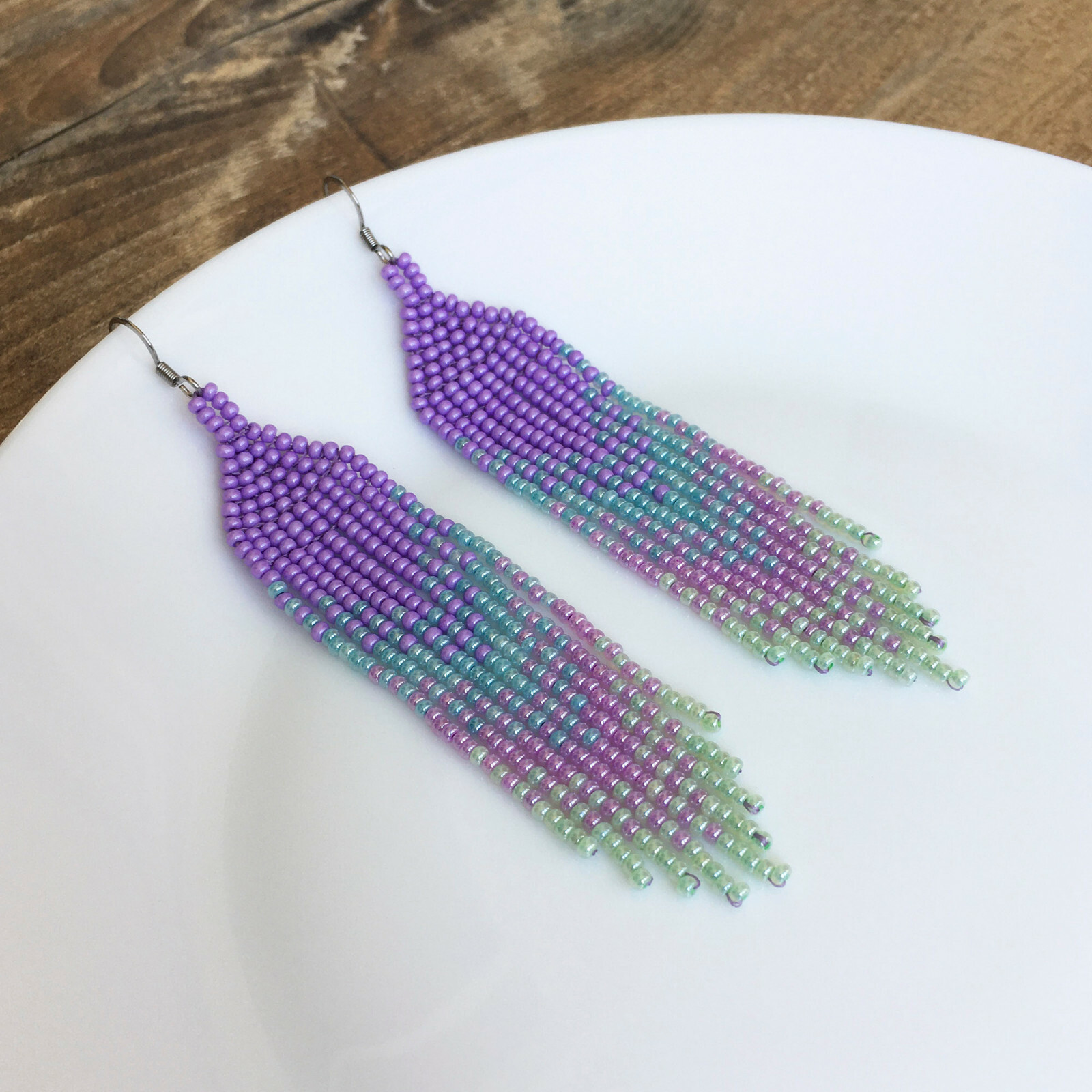 Lavender blue gradient seed bead earrings, Lilac waterfall beaded earrings