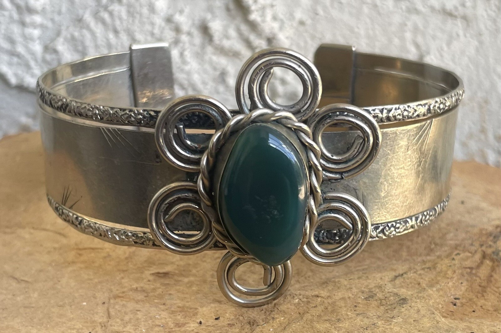 Peruvian Green Agate Semi-precious Stone Cuff Bangle Bracelet Alpaca Silver