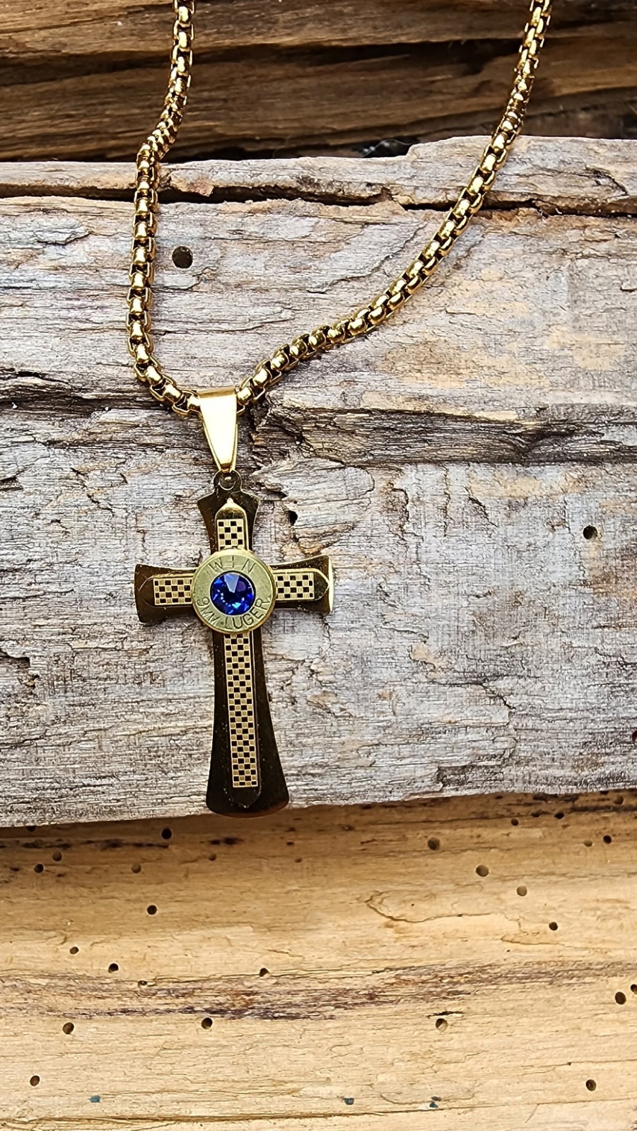 Gold Stainless Steel Cross Necklace with 9mm Bullet. Optional Crystal.