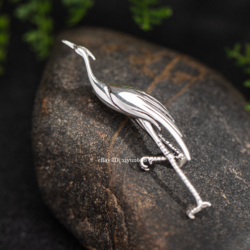 S925 Silver Jewelry Bird Collar Needle Dress Pin Red Top Crane Brooch
