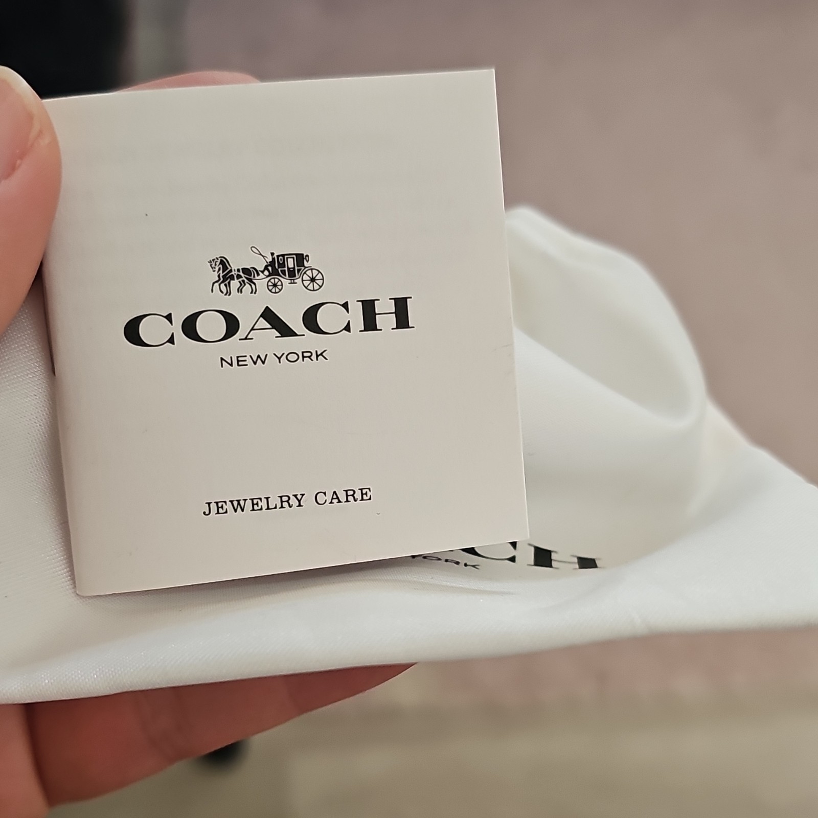 Coach New York White Fabric Drawstring Jewelry Pouch/Bag w/ Care Card