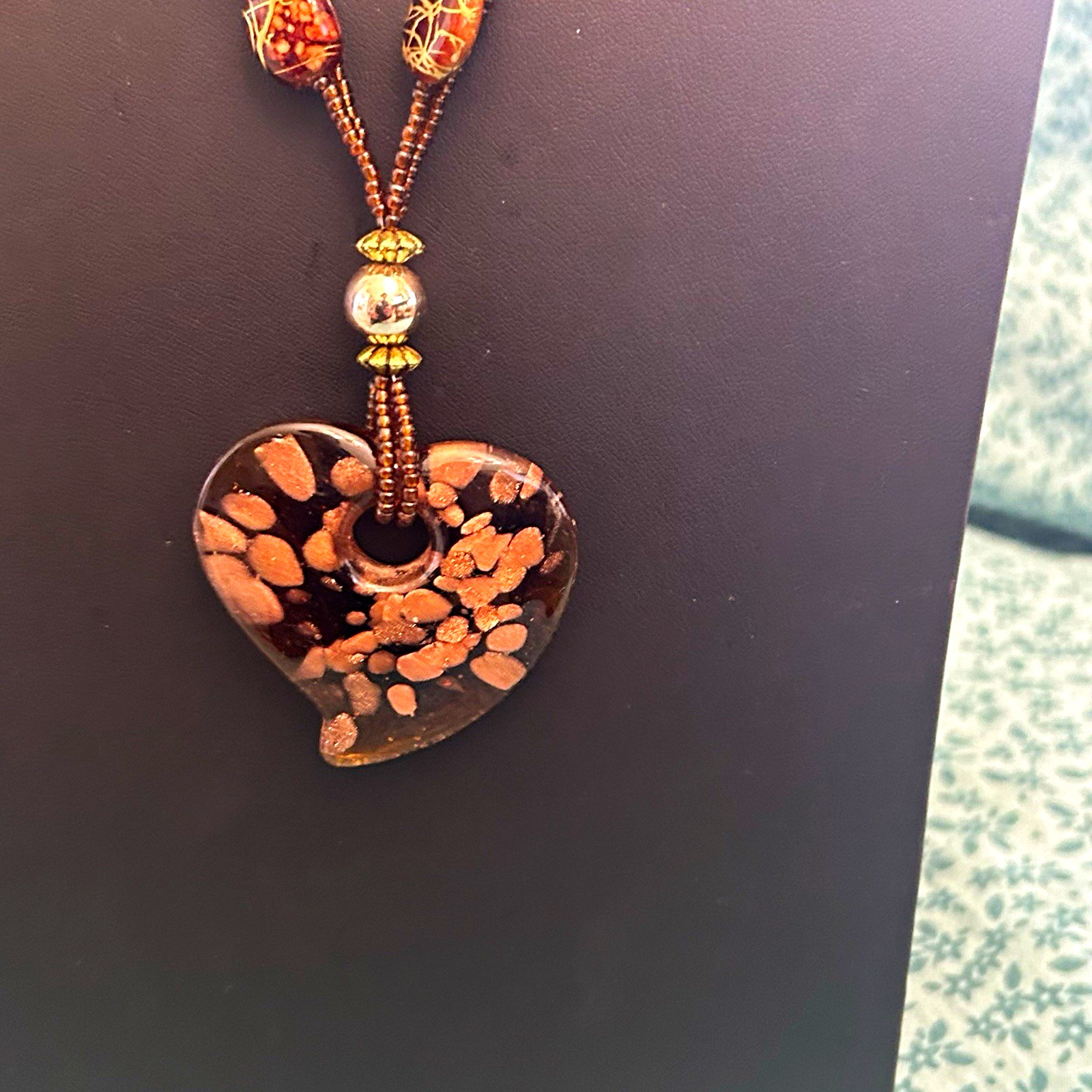 Brown Beaded Necklace w/ Heart Charm Pendant, Love Theme, Bead Material