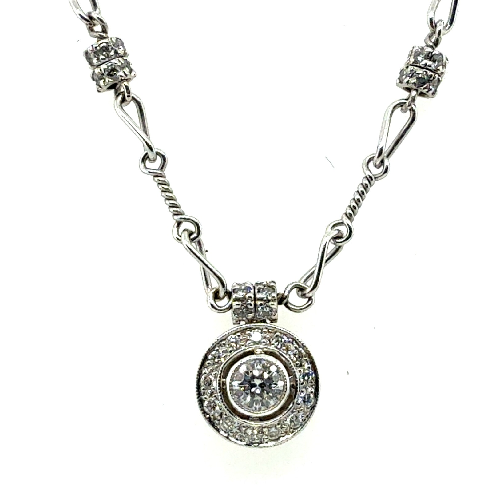 Retro Platinum and Gold 1.00 Carat Natural Diamond Necklace Pendant by Pepi