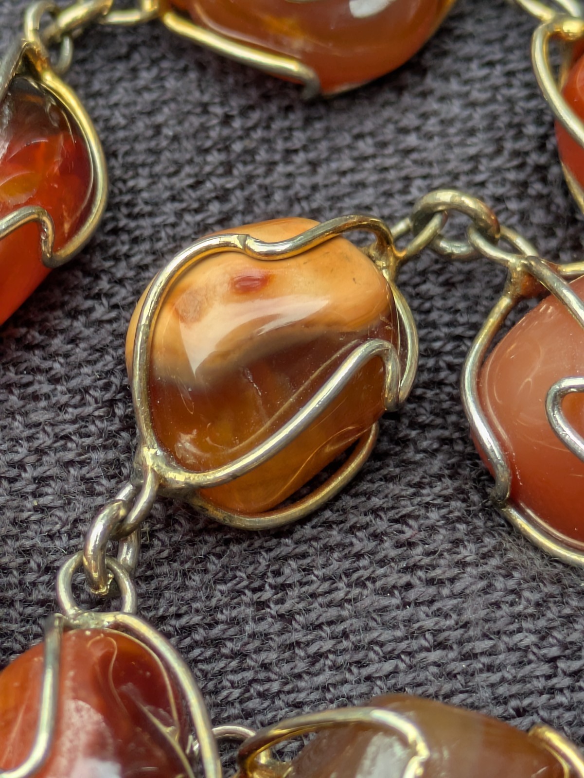 Wire Wrapped Tumbled Banded Agate 32.5″ Necklace ~ Red Orange Brown Gemstone F19