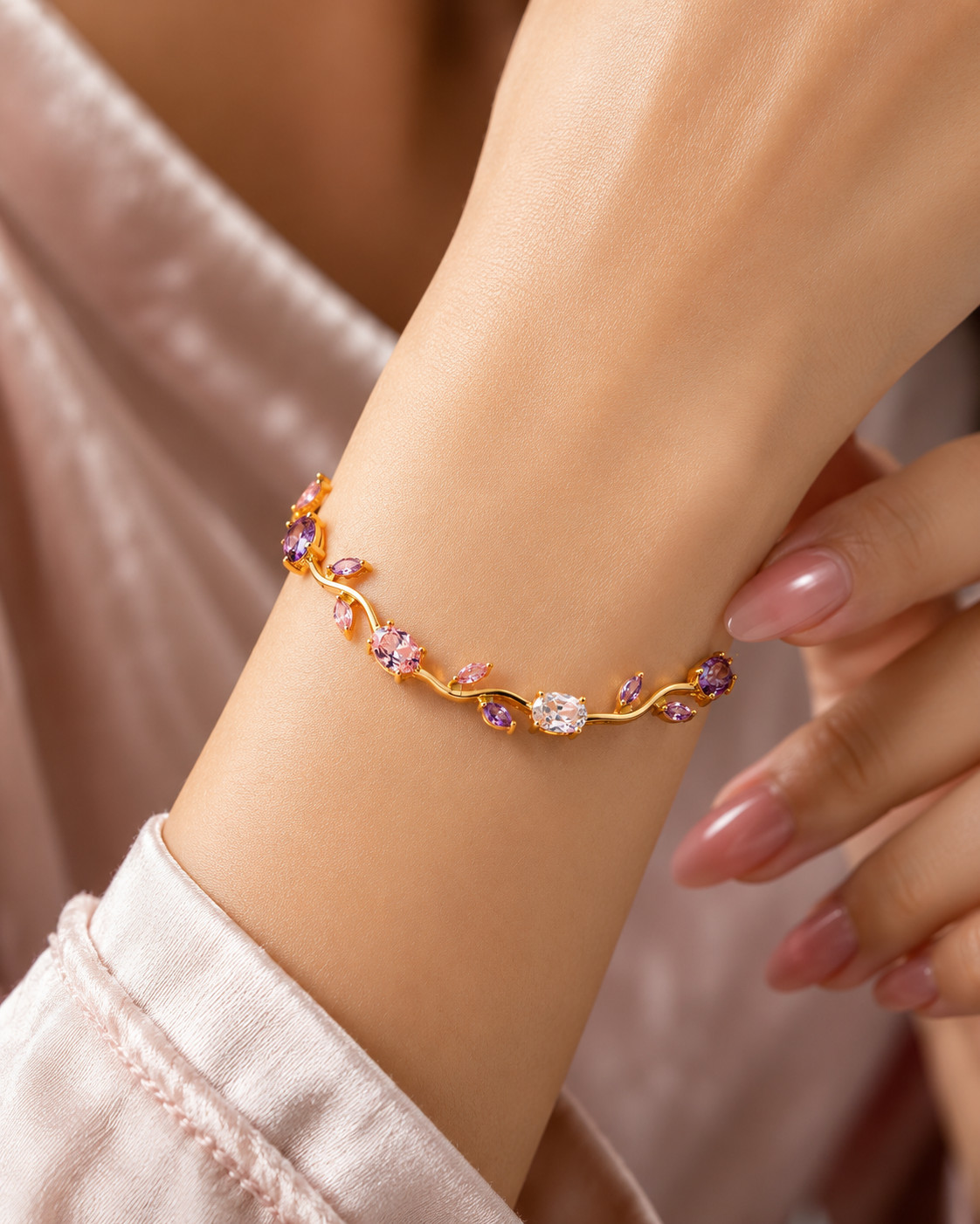 Luxury Gold Tone Pink & Purple Crystal Vine Bracelet | Elegant Floral Jewelry