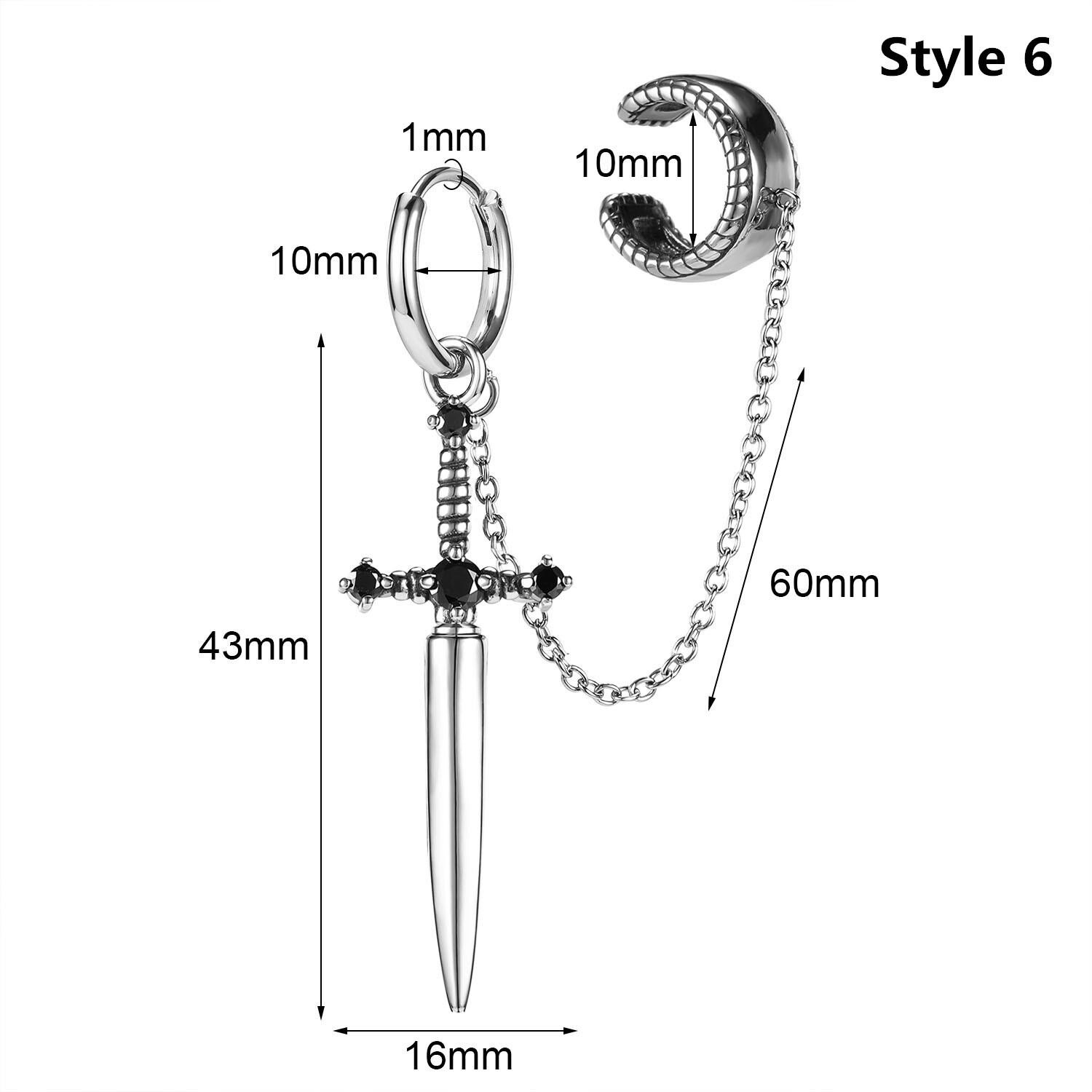 20G Punk Stainless Steel Stud Earrings CZ Dagger Sword Ear Stud Piercing Jewelry