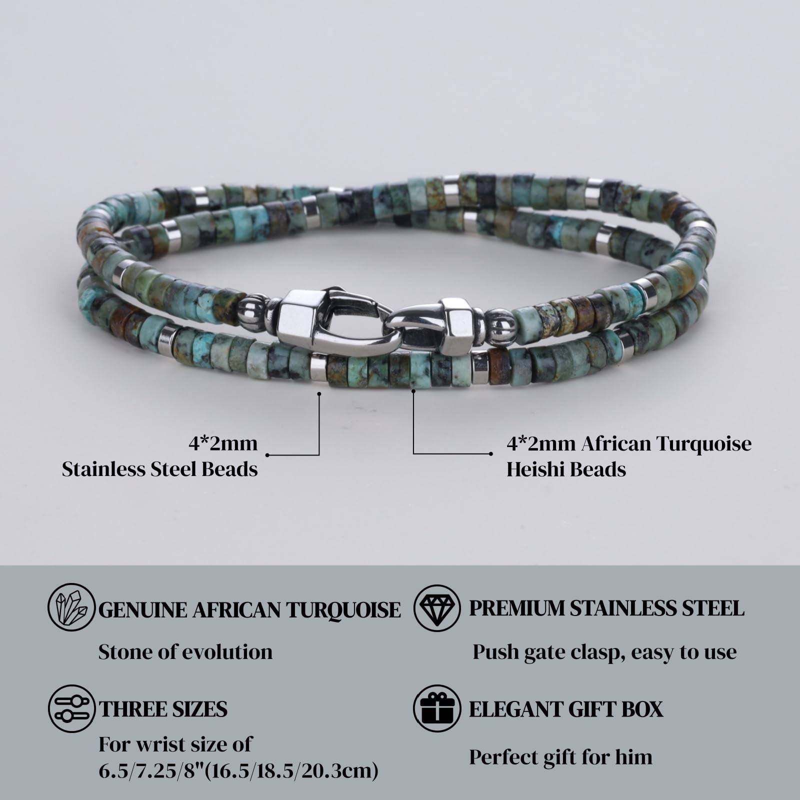 African Turquoise Bracelet for Men, Layered Beaded Gemstone Bracelet for Men L