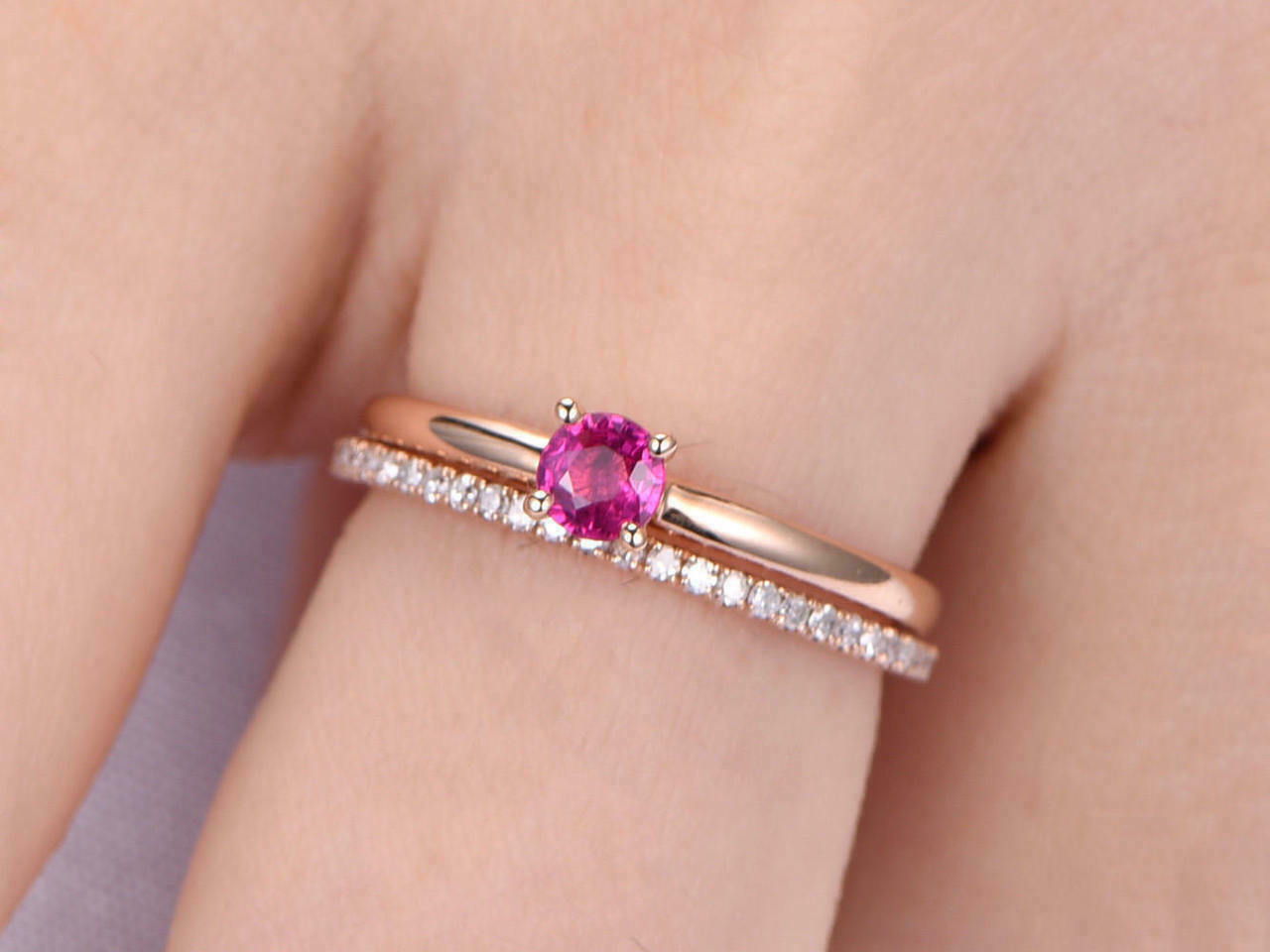 1.20 Ct Round Cut Simulated Diamond Red Ruby Bridal Ring Gift Rose Gold Plated
