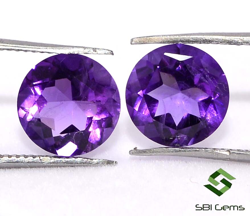 Certified Natural Amethyst Round Cut Pair 8 mm 3.37 Cts Top Purple Shade Gems