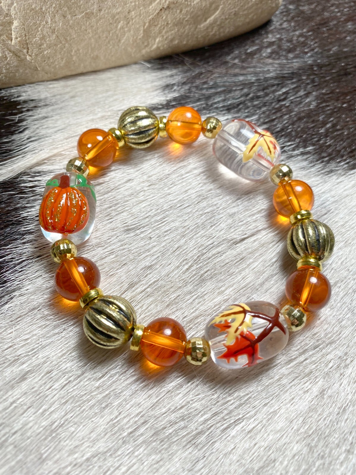 Fall Bracelet Pumpkin Maple Leaf Harvest Jewelry Beaded Gold Orange Brown