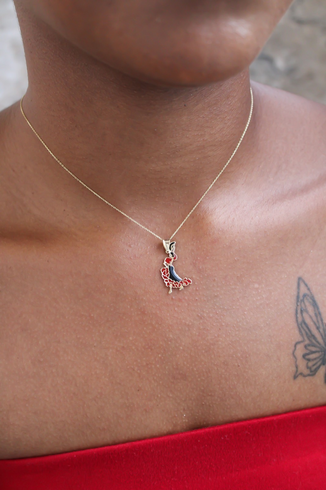 14k Solid Gold Tango, Salsa Pendant, Black & Red Enamel Necklace, Dancing Woman