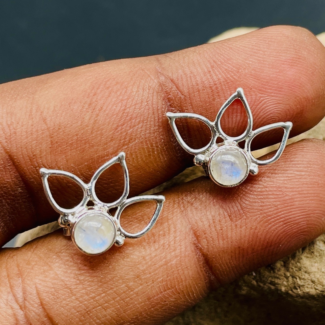 925 Sterling Silver Rainbow Moonstone Lotus Flower Stud Earrings Boho Jewelry