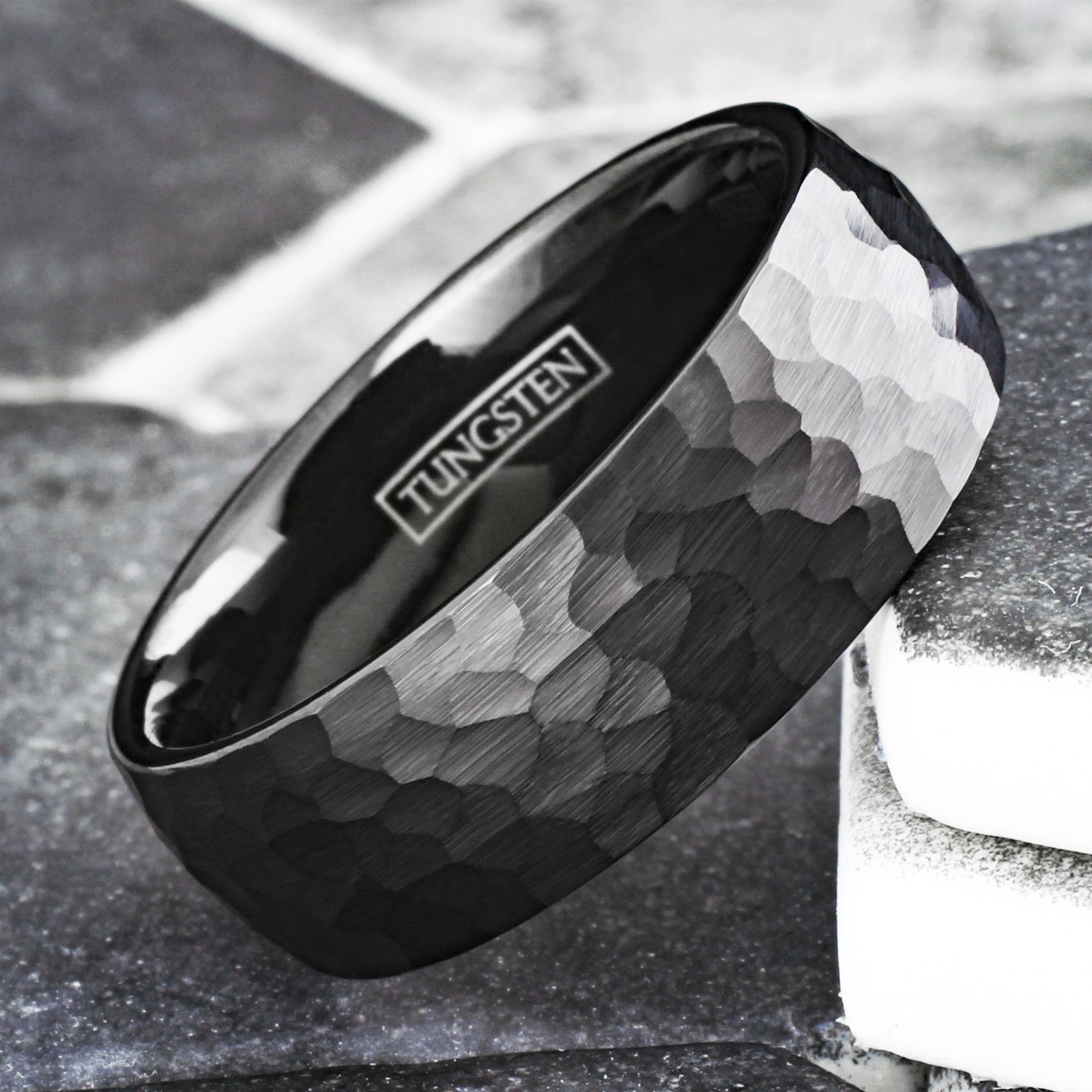 Black Tungsten Carbide Hammered Brushed Finish Men’s Wedding Band Ring