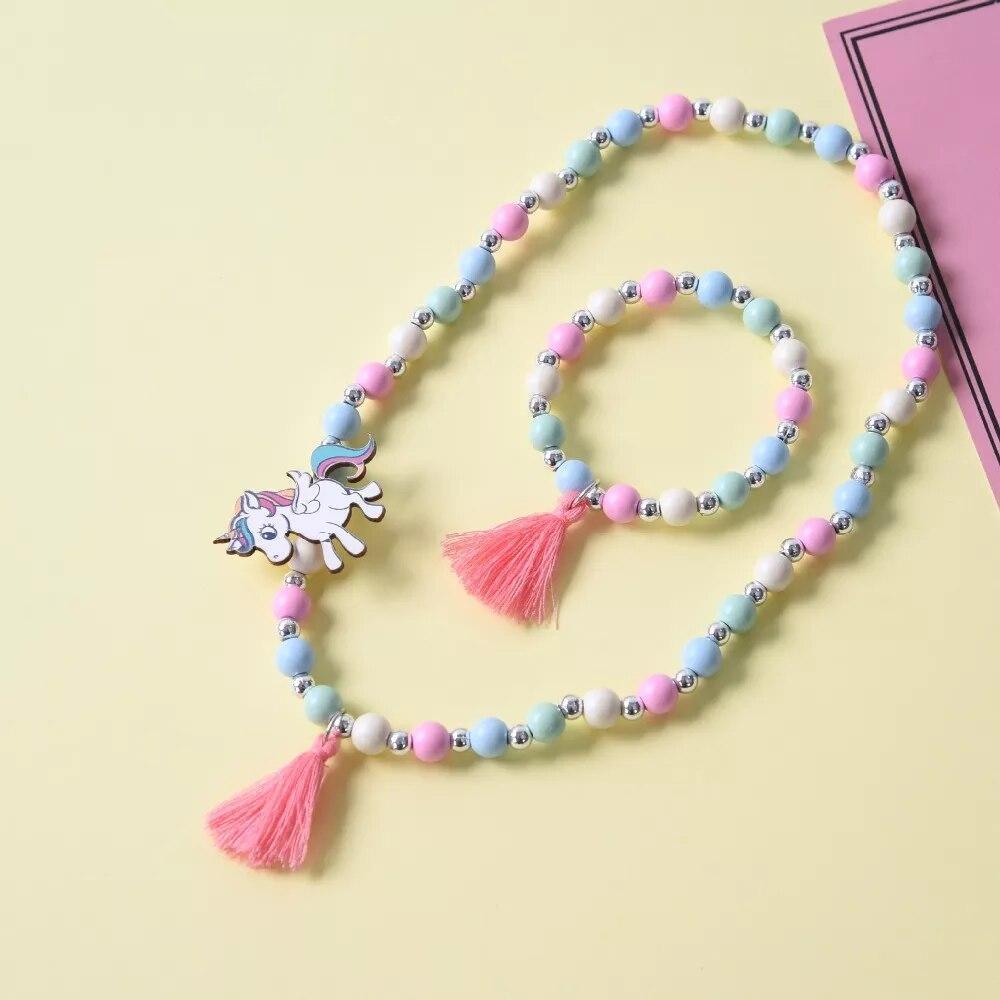 Colorful Wooden Unicorn Flower Animal Child Necklace Bracelet Girls gift Jewelry