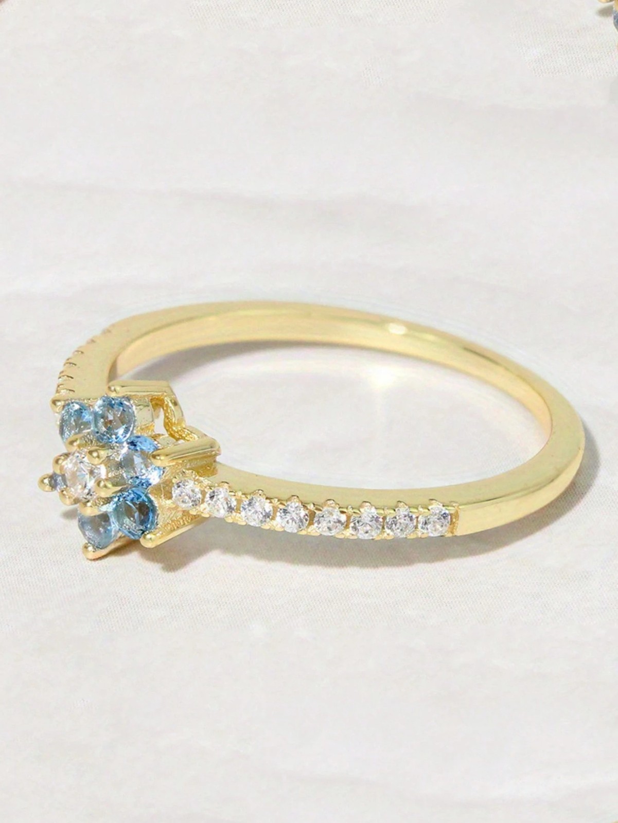 Dainty Blue Flower CZ Promise Ring Gold Tone Floral Engagement Band Women