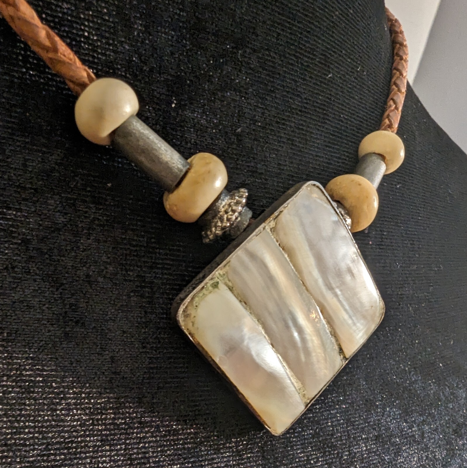 Artisan Braided Leather Cord Bone Beads Large Mother of Pearl Medallion Choker