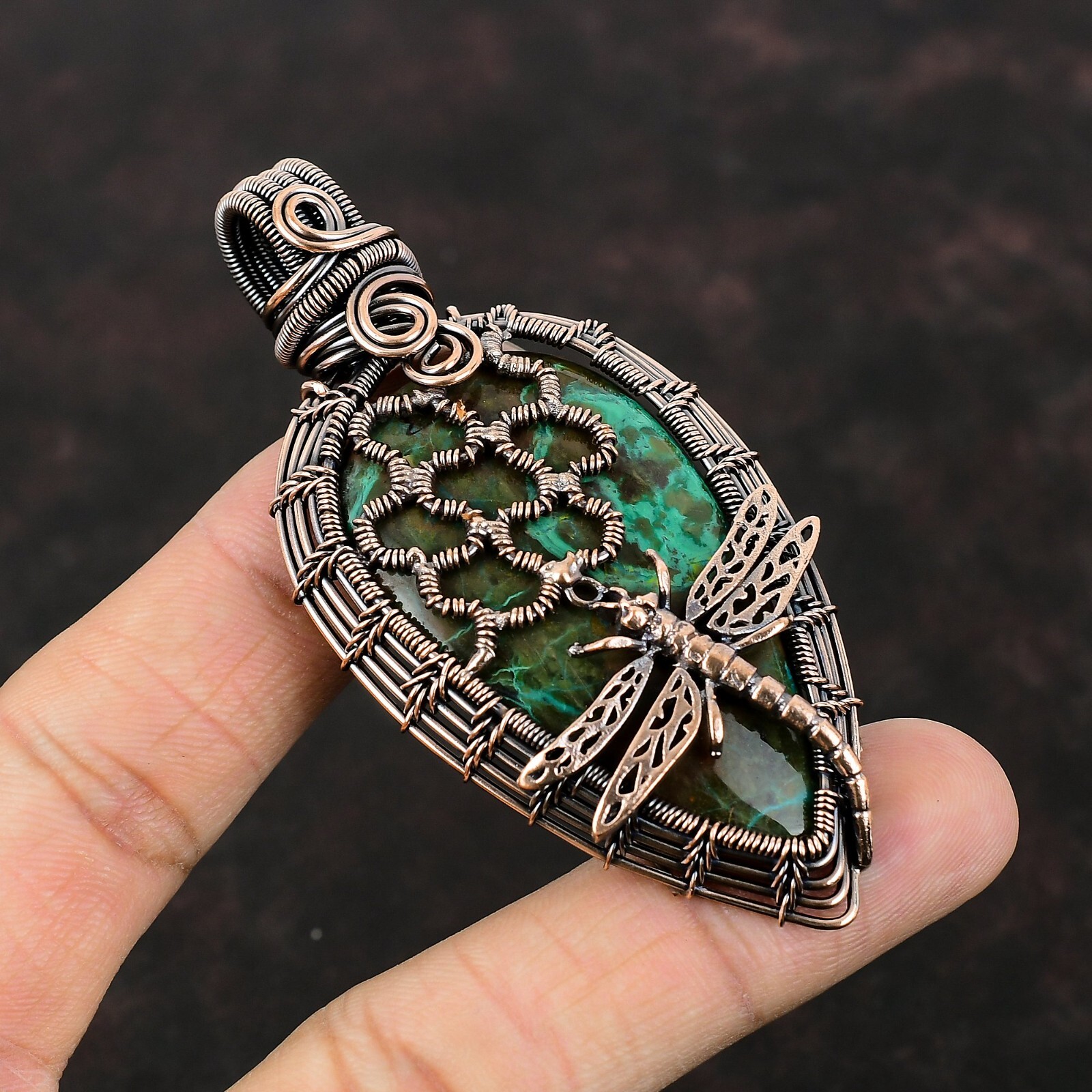 Gift Wire Wrapped Honeycomb And Dragonfly Pendant Copper Chrysocolla 3.23″