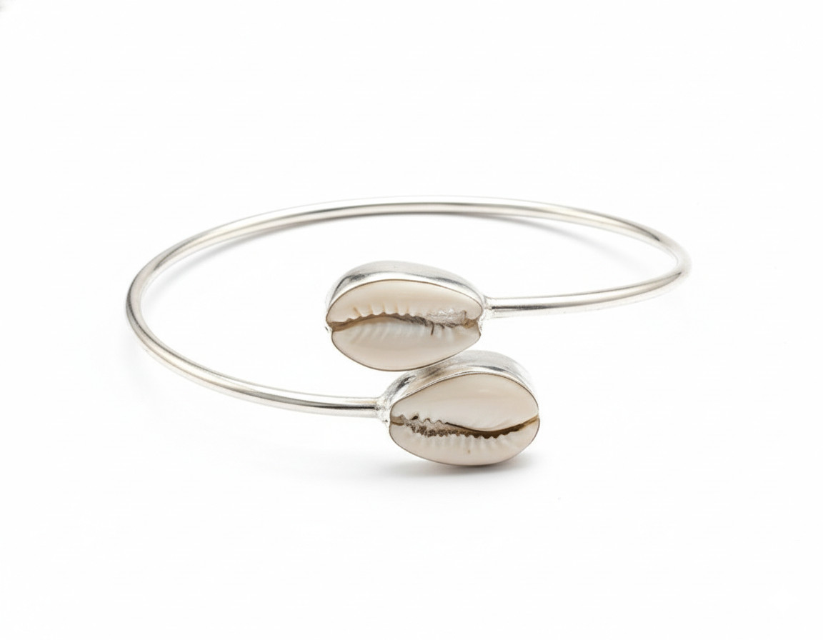 925 Sterling Silver Cowrie Shell Bracelet Double White Shell Cuff Bangle