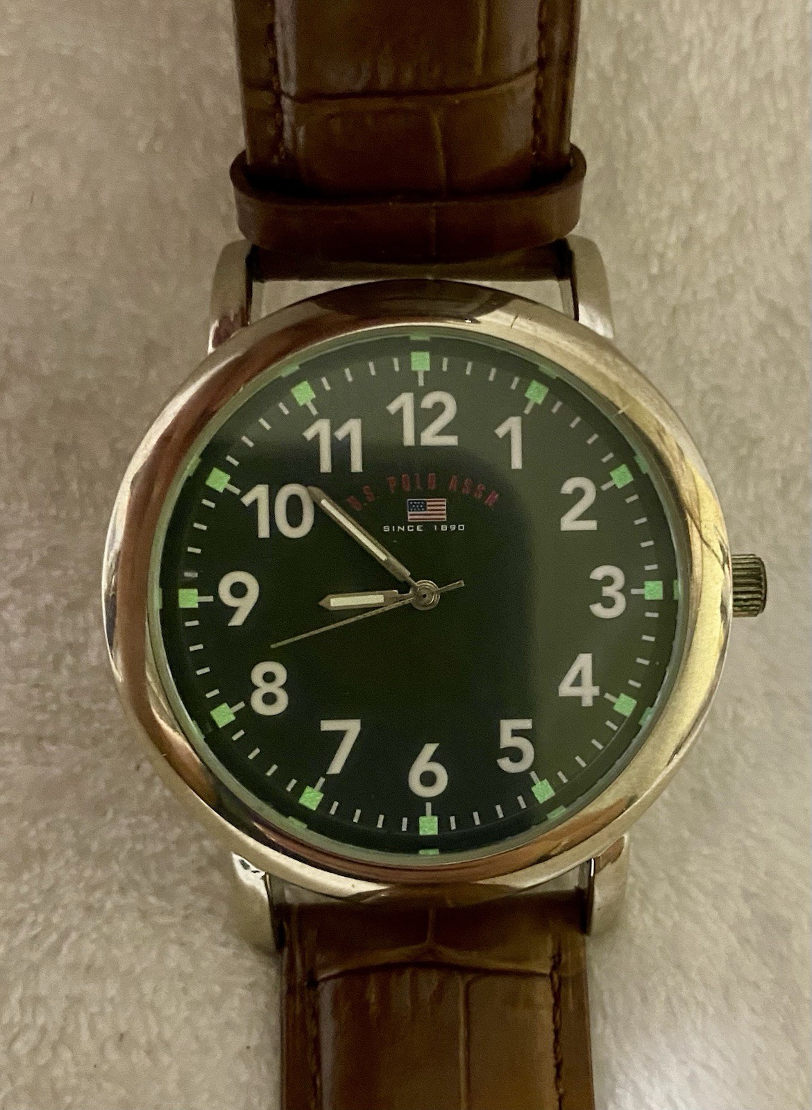 Men’s U.S. Polo Assn. Quartz Watch With Green Dial & New Leather Band & Crystal