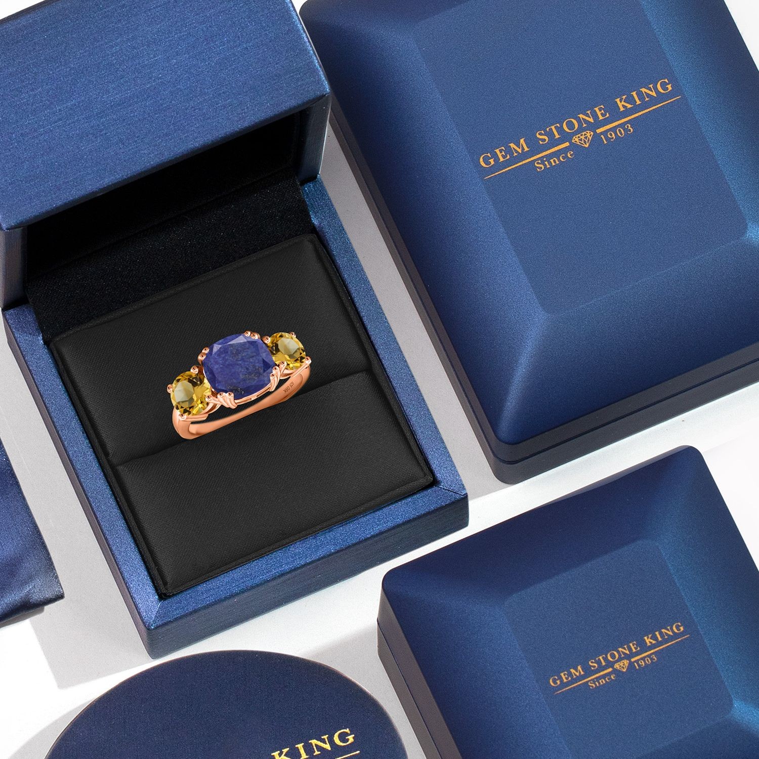 18K Rose Gold Plated Silver Blue Lapis and Citrine 3 Stone Engagement Ring For