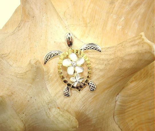21.5MM 2-TONE YELLOW GOLD PLATED 925 SILVER HAWAIIAN TURTLE PLUMERIA CZ PENDANT