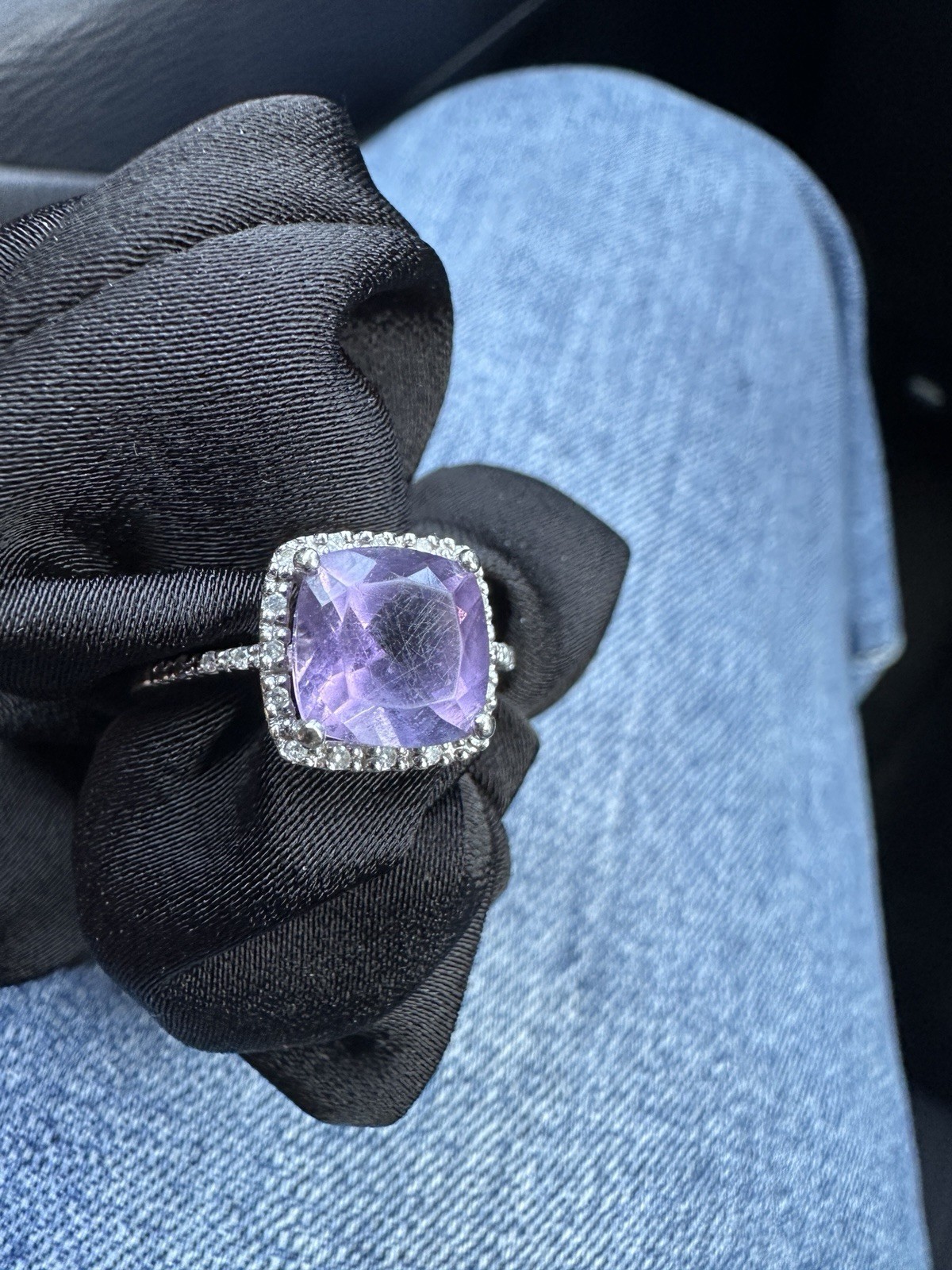Amethyst And Diamonds Cushion Cut 14k White Gold Ring Size 5.5