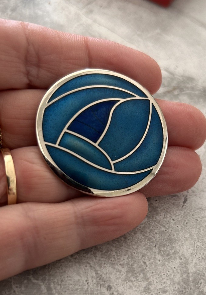 Signed SEA GEMS Blue Enamelled 42mm Round Rennie Mackintosh Rose style Brooch