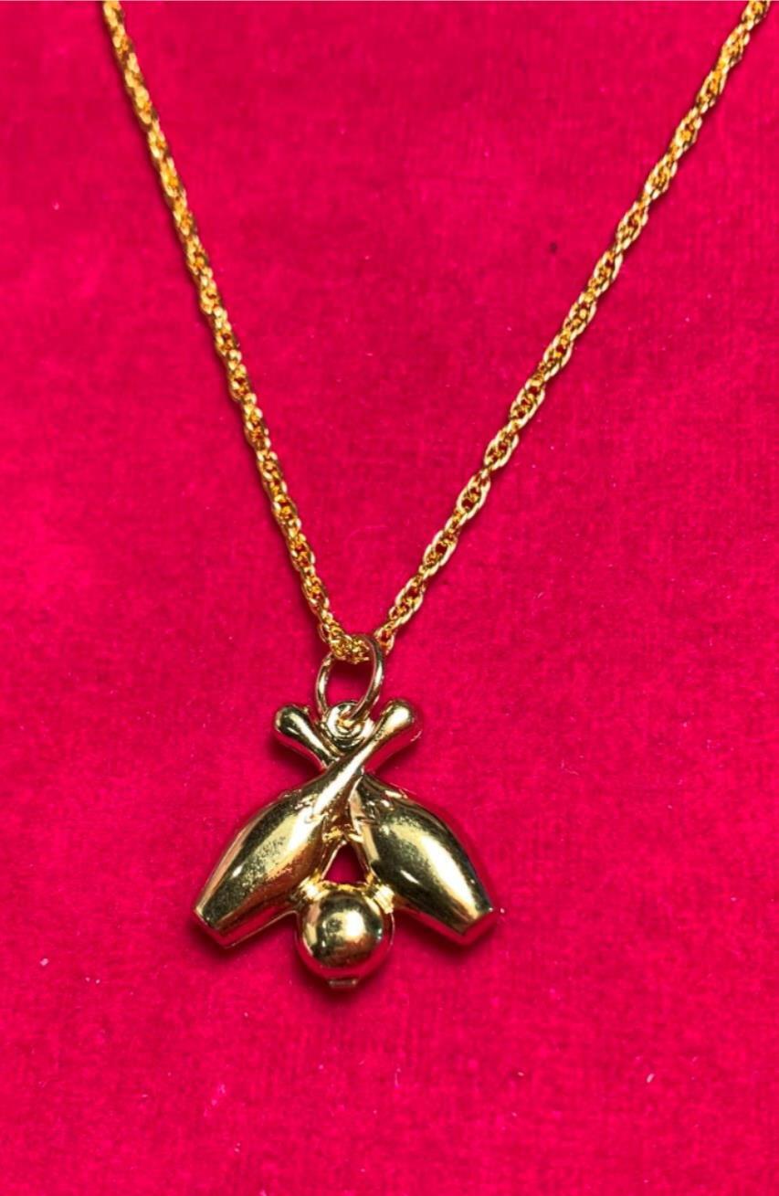 14 KT GOLD PLATED 3D BOWLING PINS & BALL CHARM w/16 INCH ROPE SET -A104