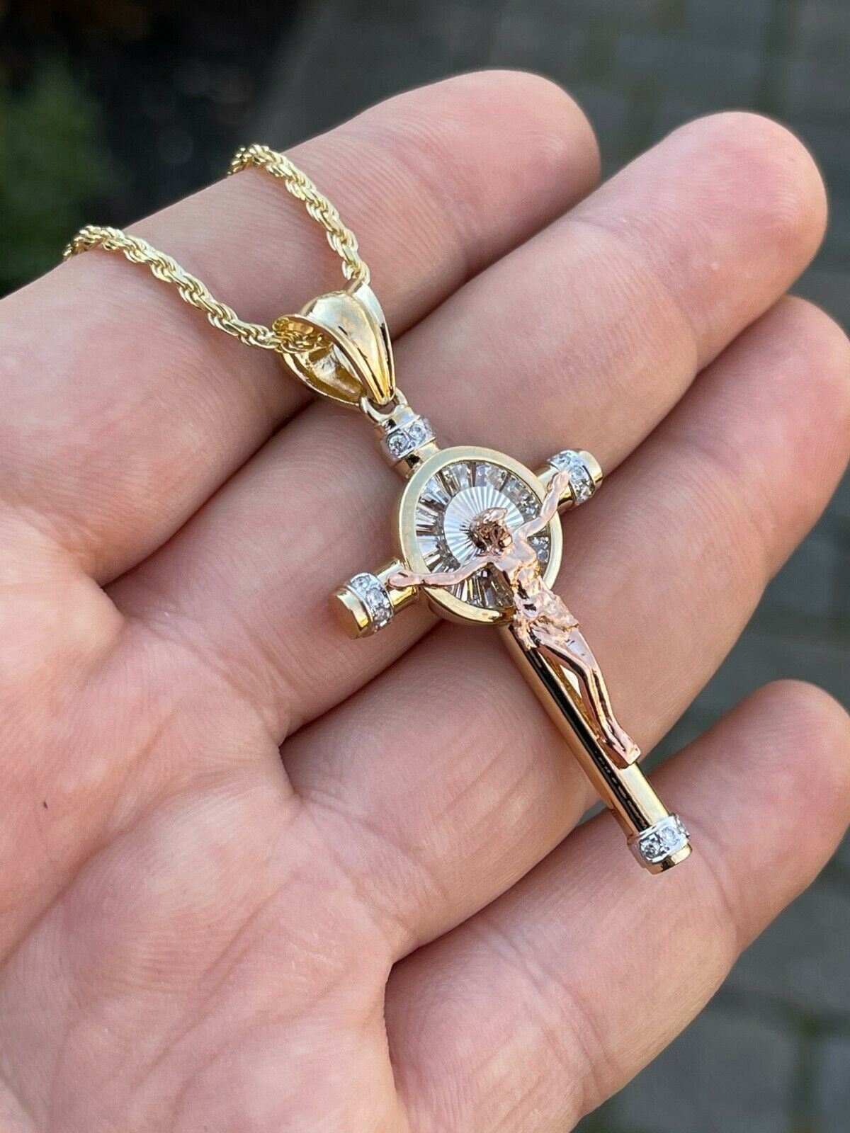 Solid 925 Silver Cross W. Jesus Pendant Yellow & Rose Gold Plated Necklace CZ
