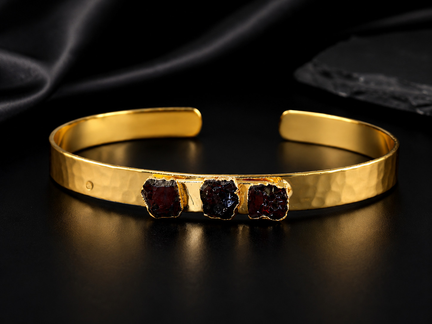 Natural Garnet Raw Bangle, 18k Gold Electroplated Bracelet, January Birthstone