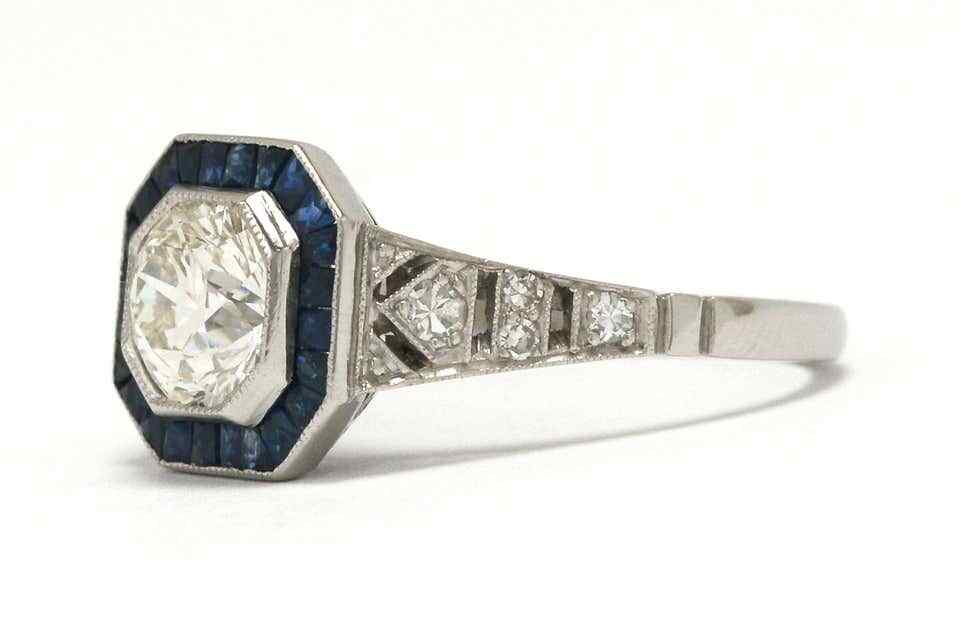 Lab-Created Rare Old European Cut Cubic Zirconia & Blue Sapphire Art Deco Ring
