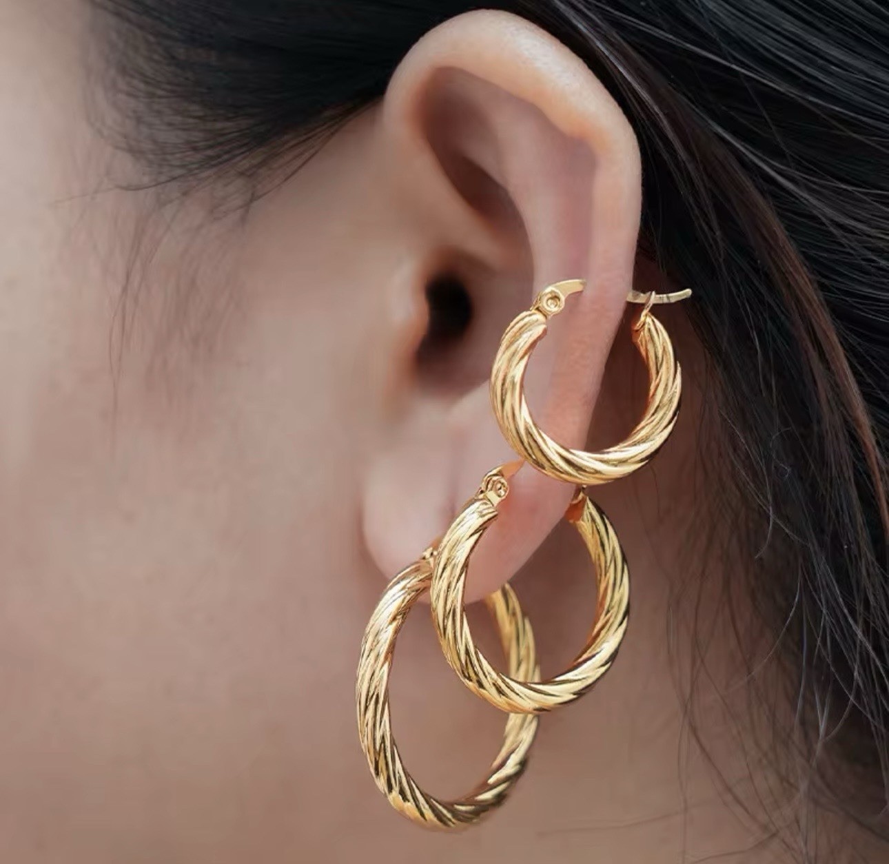 3 PAIRS Woman 18K Gold Plated Stainless Steel Twist Hoop Earrings Multiple Sizes