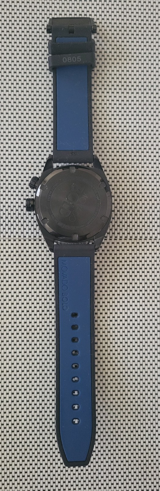 Movado Bold Men’s Quartz 44mm Black/Blue Dial Rubber Strap 100m Date Box