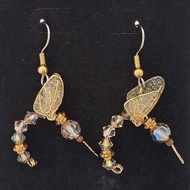 Artisan Made Whimsical Hummingbird Earrings Champagne Crystals Gold Tone RARE