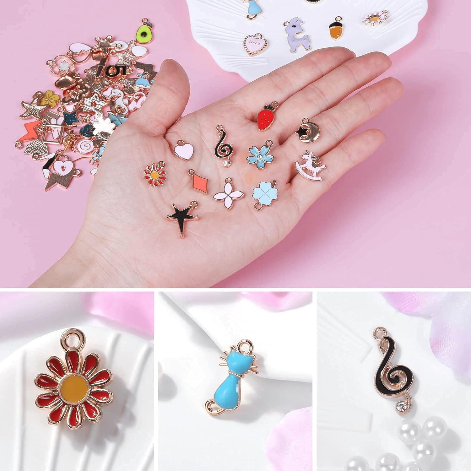 150PCS Bracelet Charms, Silver Bracelet Gold Plated Enamel Charms Pendants for N