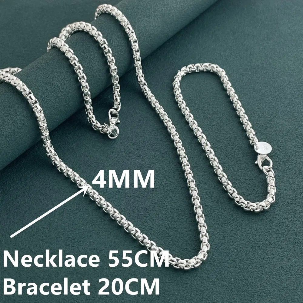 925 Sterling Silver Round Box Chain Necklace Bracelet Jewelry Set for Men Women