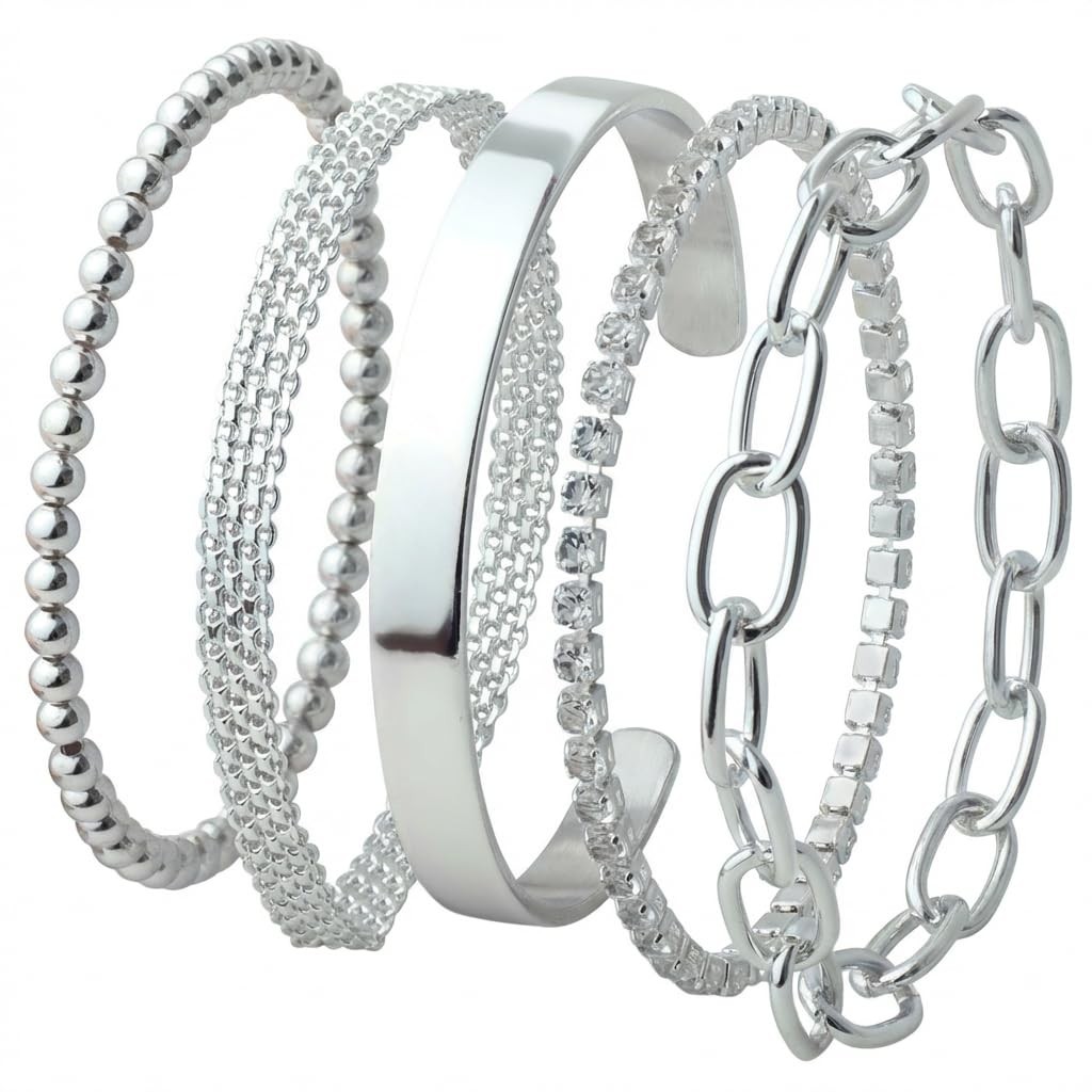 Silver Tone Bracelet Set for Women, 5 Pcs Layered Bangles & Chains