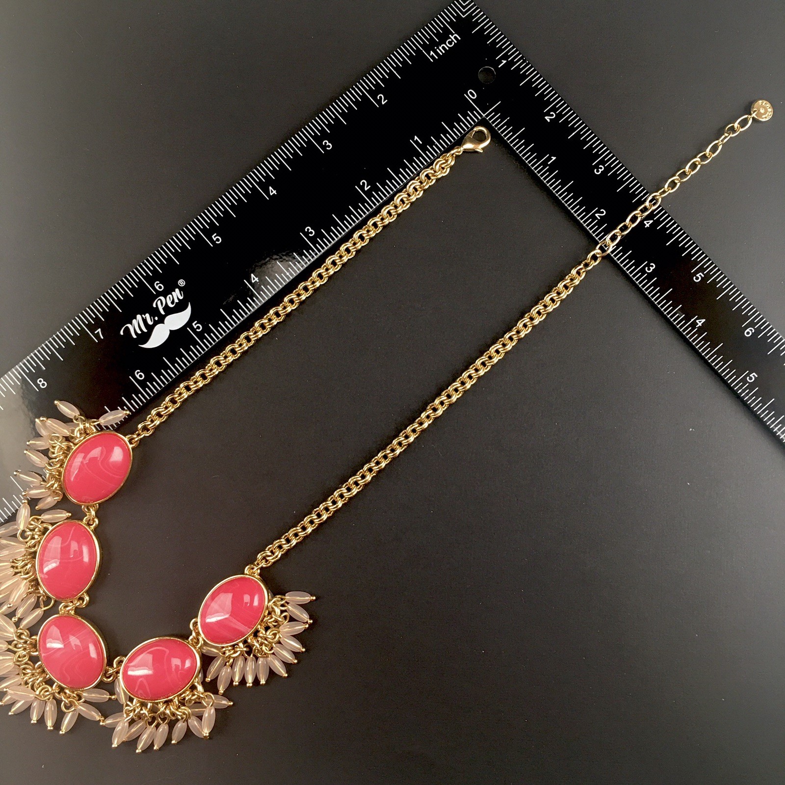 Talbots Pink Statement Necklace Gold Tone Oval Cabochon Bead Fringe 19″-21.75″