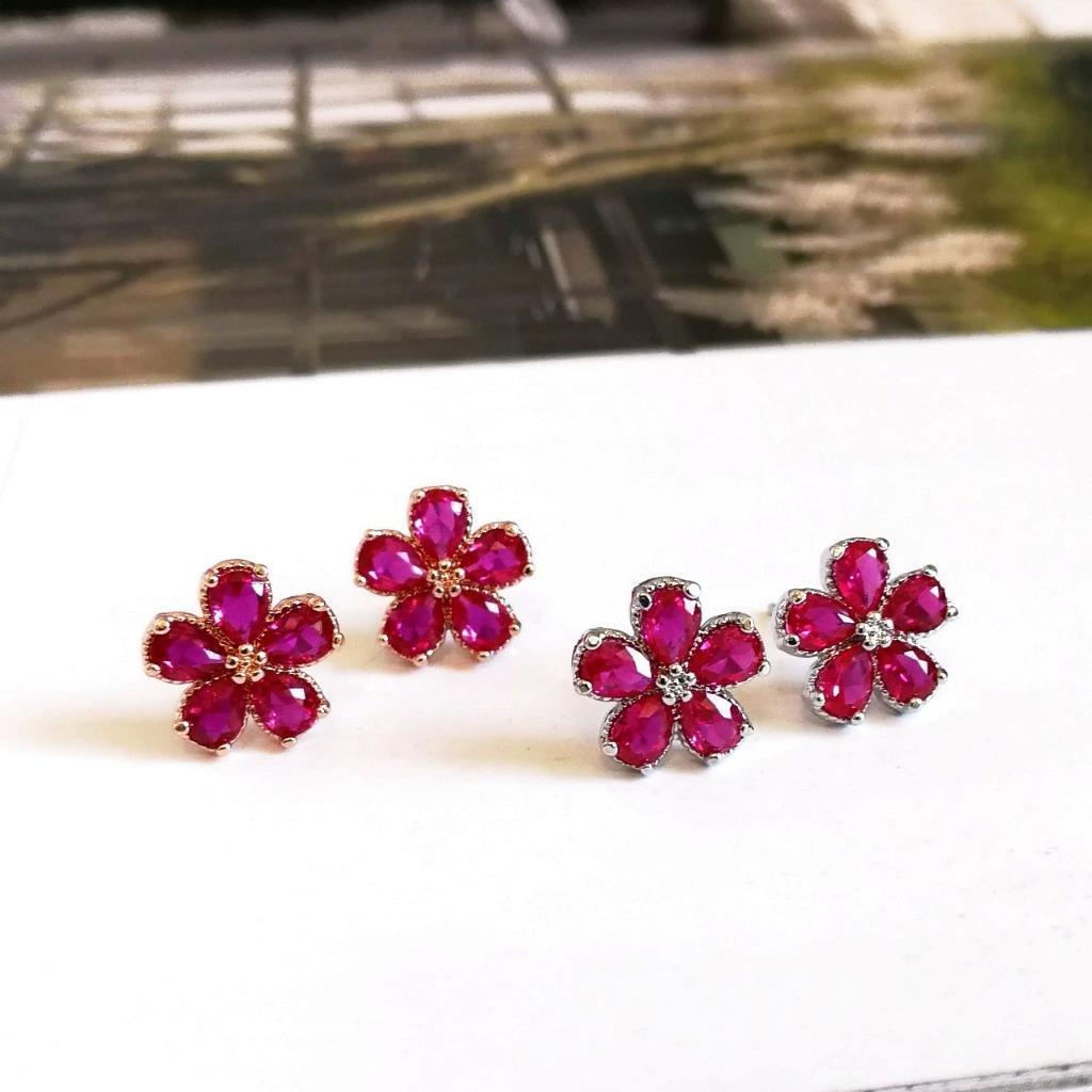 Sparkling Hot Pink Fuchsia CZ Flower Stud Earrings Rose Gold or Shiny Silver