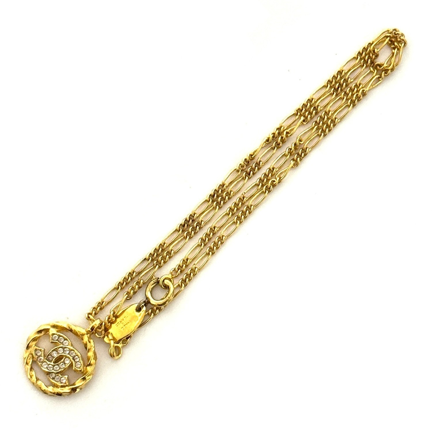 CHANEL 3438 CC Logo COCO Mark Necklace Rhinestone Gold Vintage Authentic JAPAN