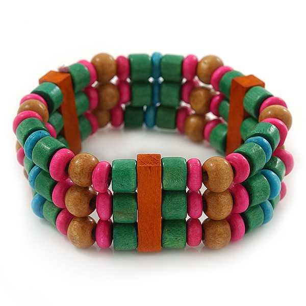 Multicoloured Wood Bead Flex Bracelet – 18cm Length